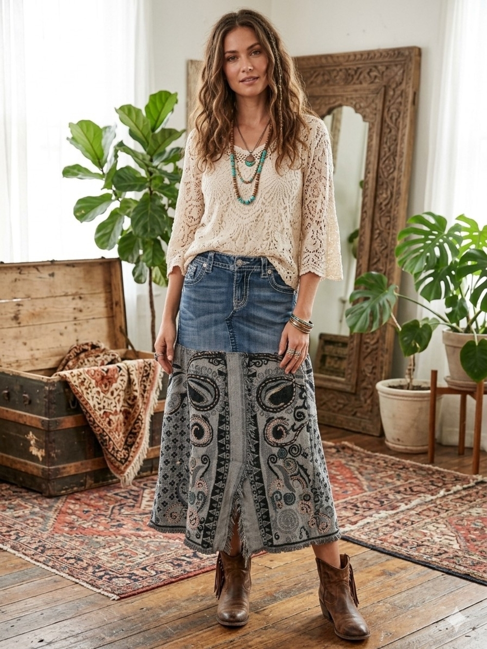 OOAK Upcycle Denim With Paisley Merino/Cotton Blend Scarf Maxi Skirt - Picture 8 of 10